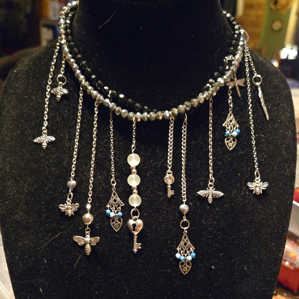 Chic Silver Necklace with Black and Blue Accents